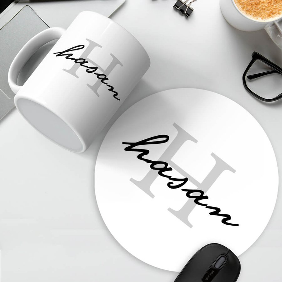 Hediyesec - İsme Özel Baş Harf Tasarımlı Mousepad ve Kupa Seti